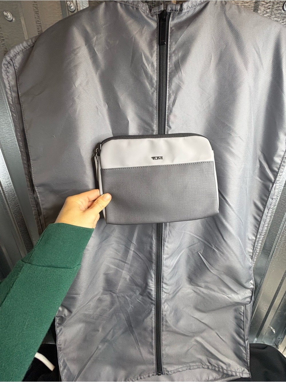 Tumi Two-Tone Gray and White Toiletry Pouch plus Garment bag